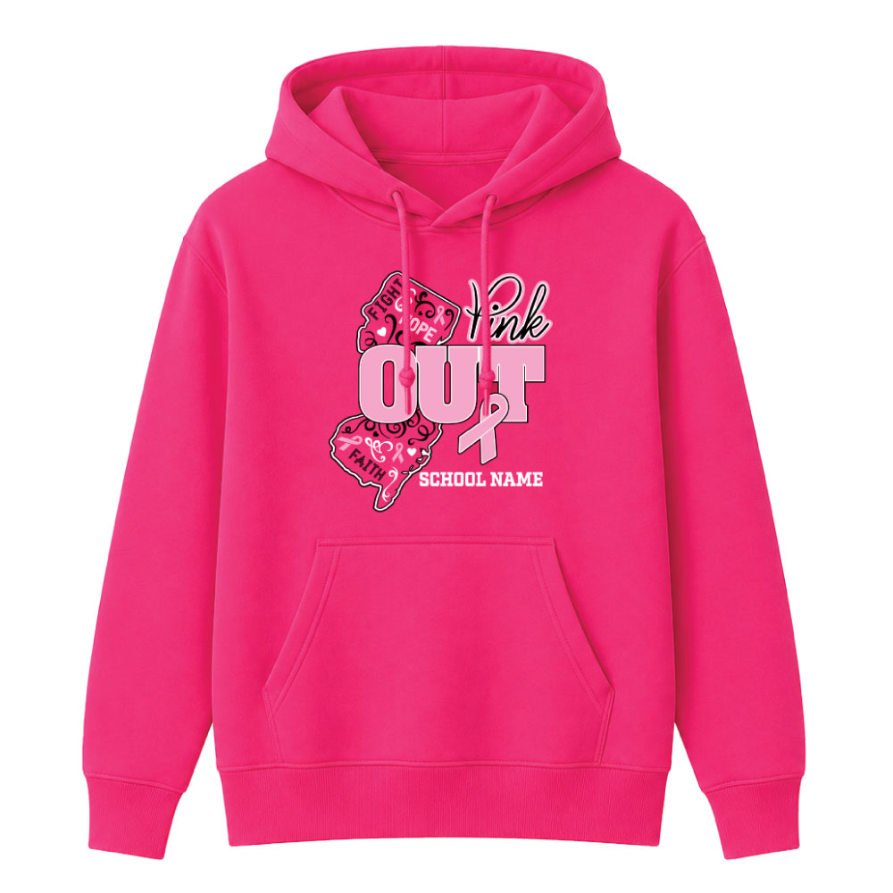 Custom New Jersey Pink Out breast cancer awareness shirt design featuring the state of New Jersey, a pink ribbon, inspirational words, and a customizable school name.