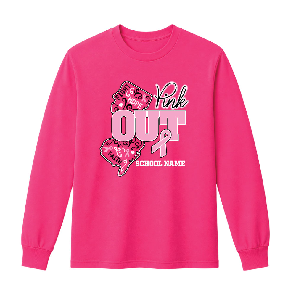 Custom New Jersey Pink Out breast cancer awareness shirt design featuring the state of New Jersey, a pink ribbon, inspirational words, and a customizable school name.