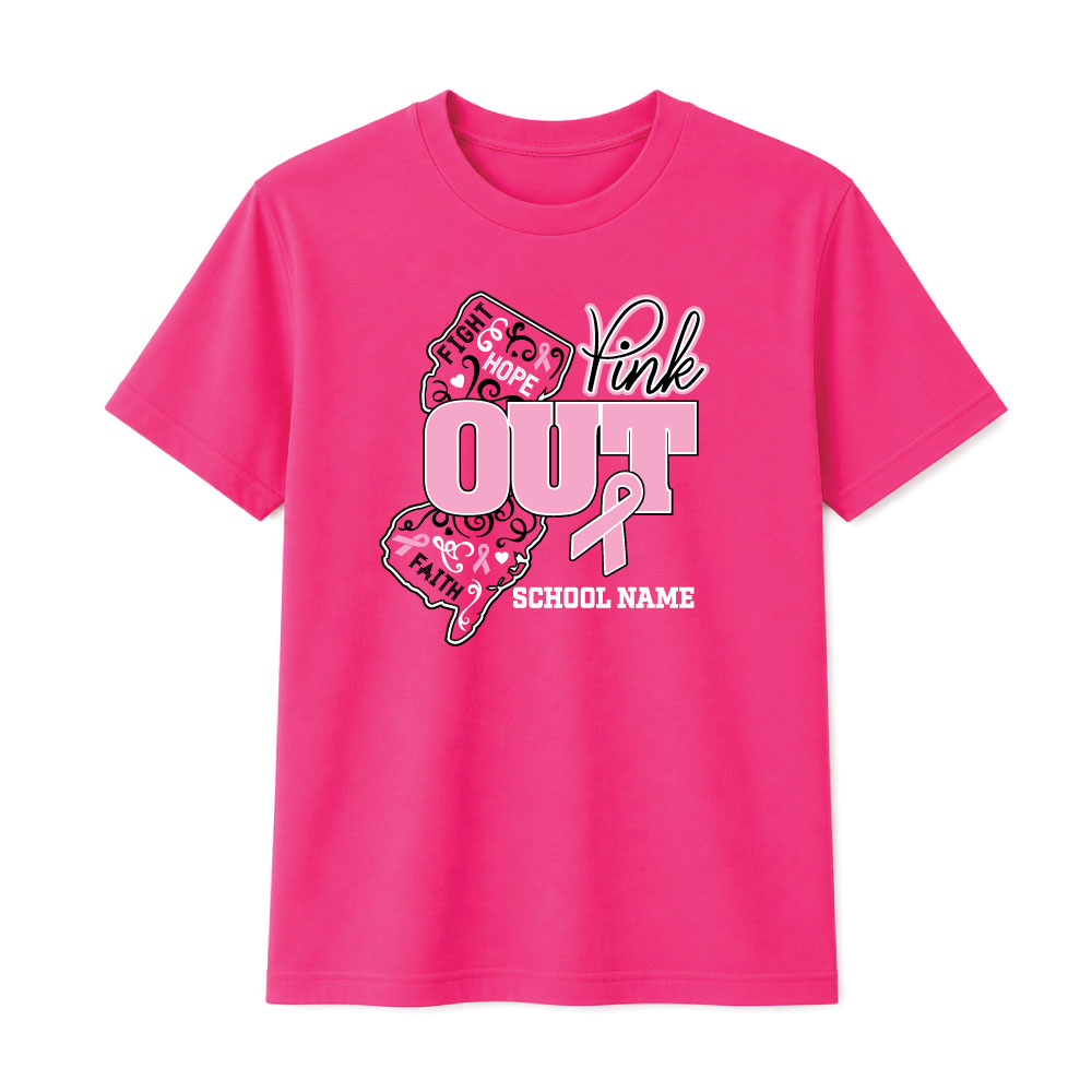 Custom New Jersey Pink Out breast cancer awareness shirt design featuring the state of New Jersey, a pink ribbon, inspirational words, and a customizable school name.