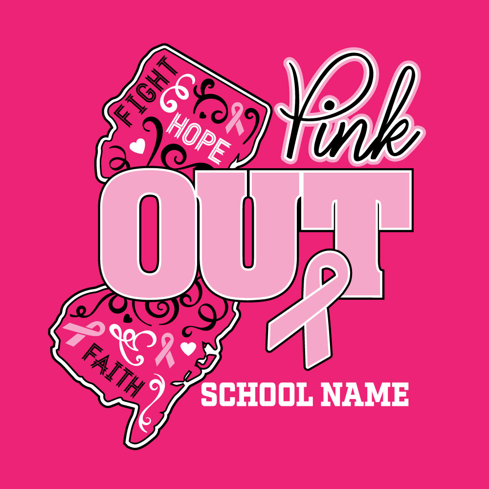 Custom New Jersey Pink Out breast cancer awareness shirt design featuring the state of New Jersey, a pink ribbon, inspirational words, and a customizable school name.