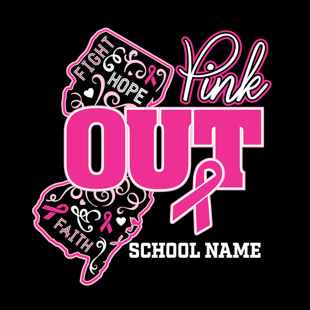 Custom New Jersey Pink Out breast cancer awareness shirt design featuring the state of New Jersey, a pink ribbon, inspirational words, and a customizable school name.