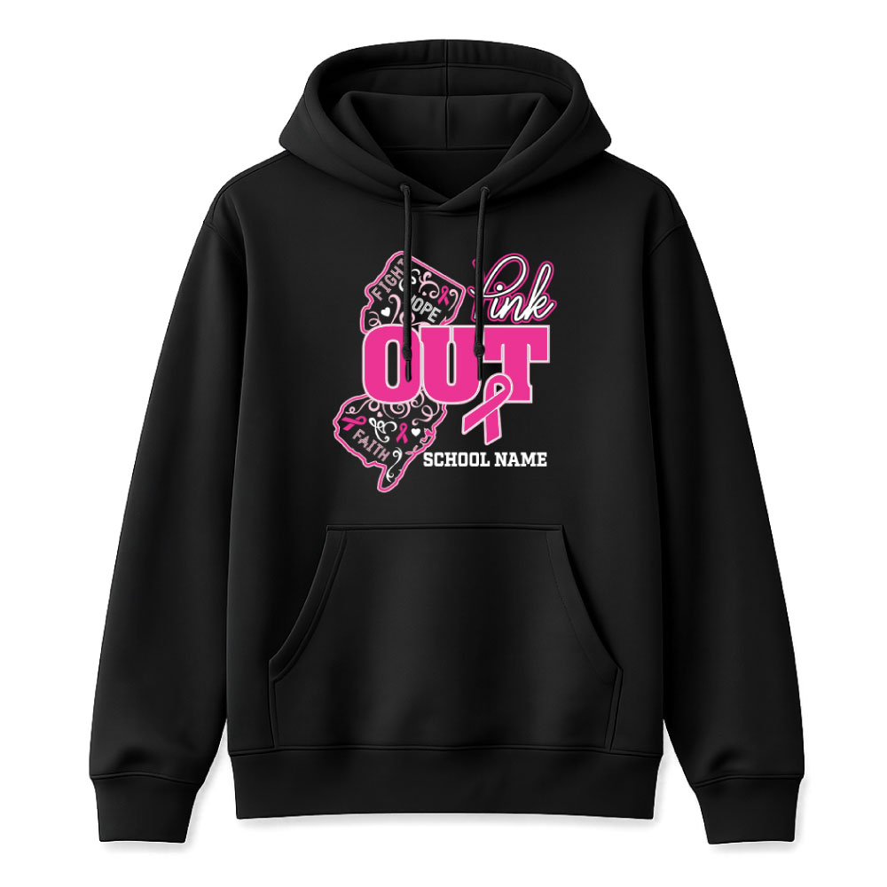Custom New Jersey Pink Out breast cancer awareness shirt design featuring the state of New Jersey, a pink ribbon, inspirational words, and a customizable school name.