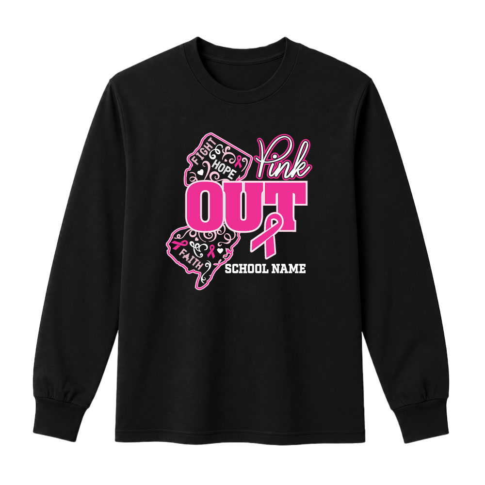 Custom New Jersey Pink Out breast cancer awareness shirt design featuring the state of New Jersey, a pink ribbon, inspirational words, and a customizable school name.