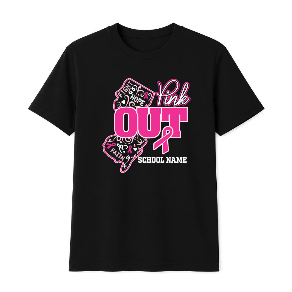 Black t-shirt featuring a pink 'PINK OUT' design with ribbons and the placeholder 'SCHOOL NAME' for breast cancer awareness.