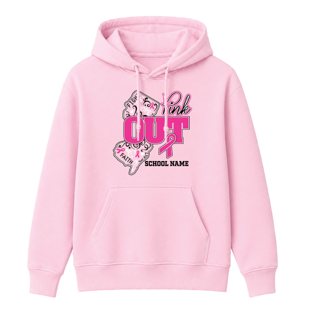 Custom New Jersey Pink Out breast cancer awareness shirt design featuring the state of New Jersey, a pink ribbon, inspirational words, and a customizable school name.