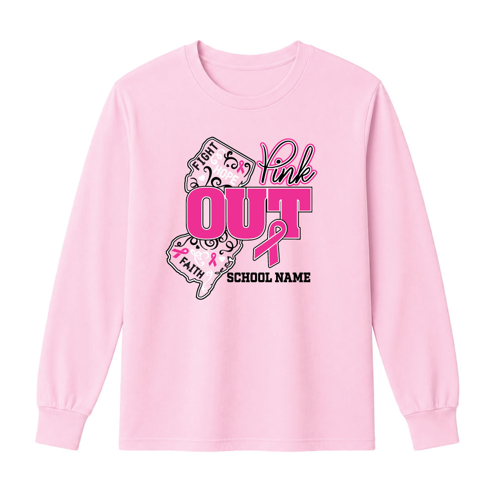 Custom New Jersey Pink Out breast cancer awareness shirt design featuring the state of New Jersey, a pink ribbon, inspirational words, and a customizable school name.
