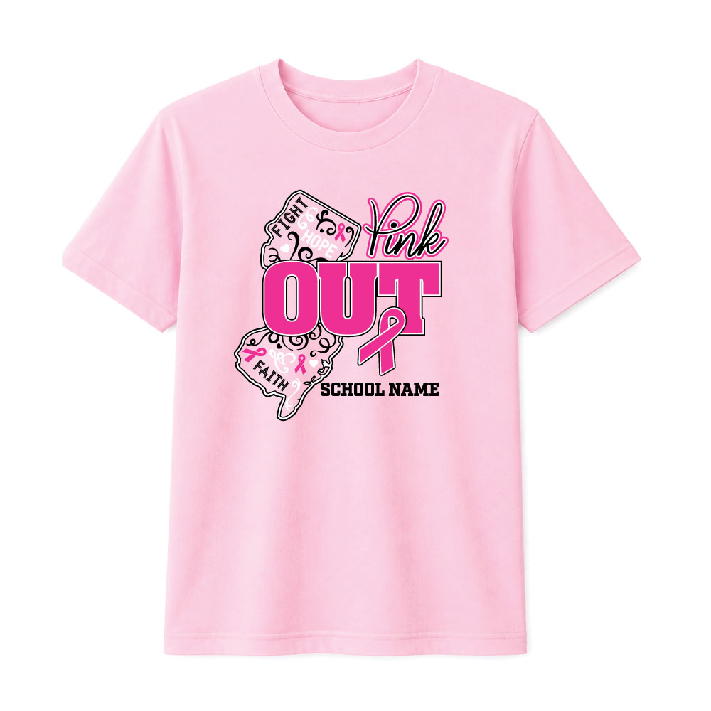 Custom New Jersey Pink Out breast cancer awareness shirt design featuring the state of New Jersey, a pink ribbon, inspirational words, and a customizable school name.