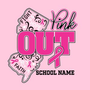 Custom New Jersey Pink Out breast cancer awareness shirt design featuring the state of New Jersey, a pink ribbon, inspirational words, and a customizable school name.