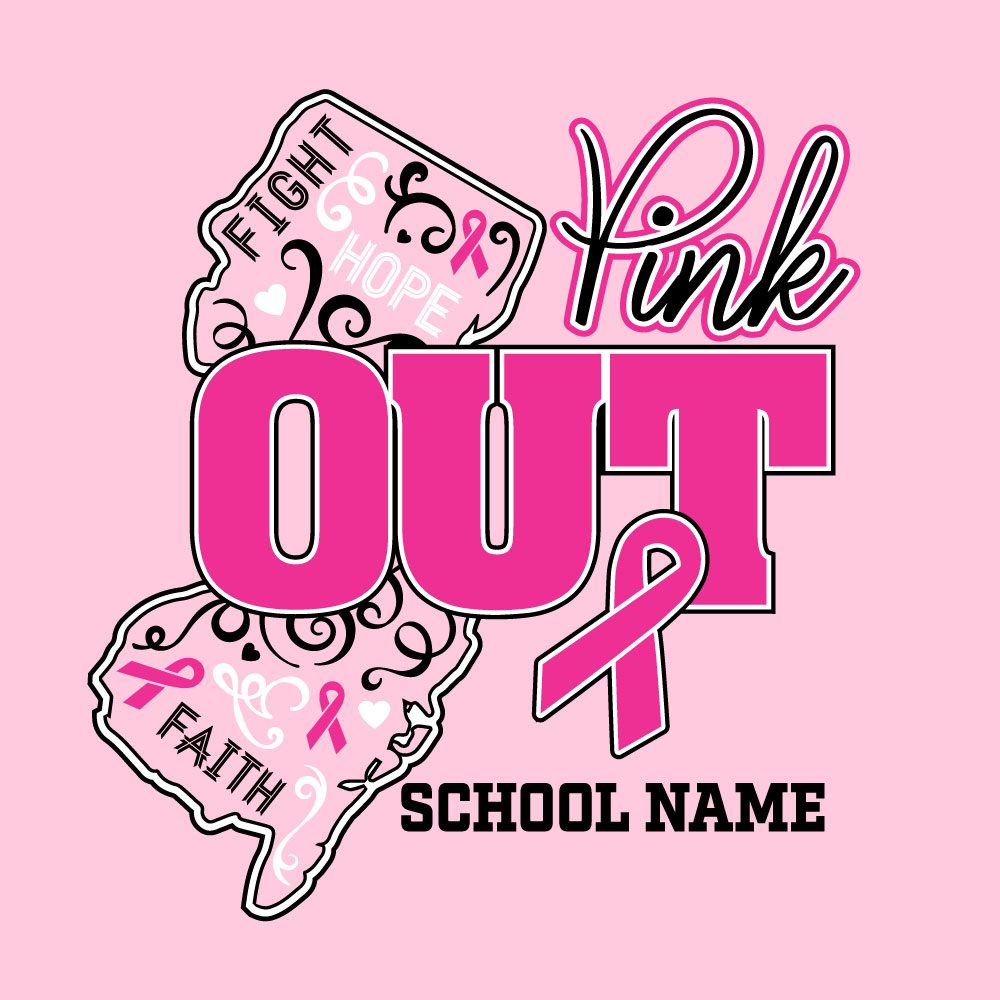 Custom New Jersey Pink Out breast cancer awareness shirt design featuring the state of New Jersey, a pink ribbon, inspirational words, and a customizable school name.