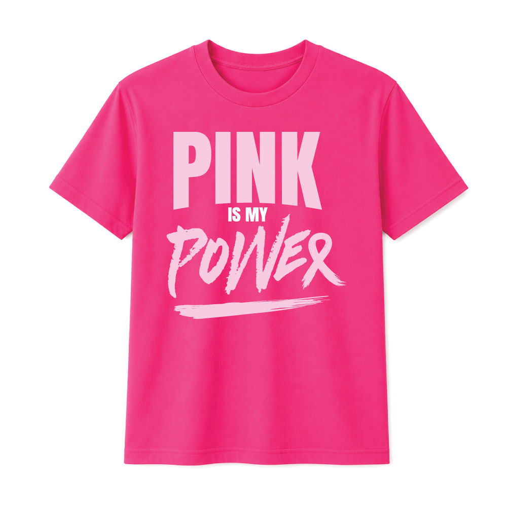 Bold "Pink Is My Power" breast cancer awareness design with modern typography for custom Pink Out shirts and fundraiser apparel.