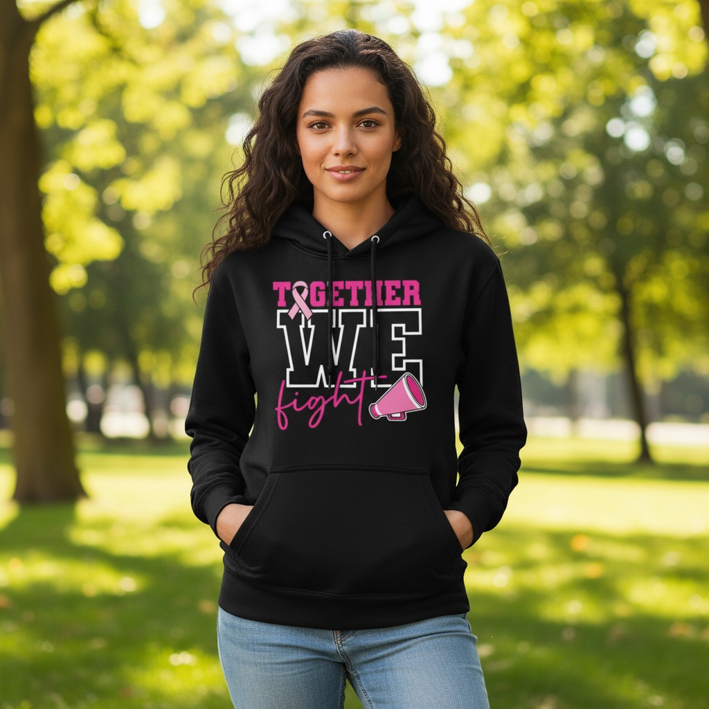 Breast cancer awareness cheer shirt design featuring the phrase "Together We Fight" with a pink ribbon and megaphone graphic for Pink Out events.