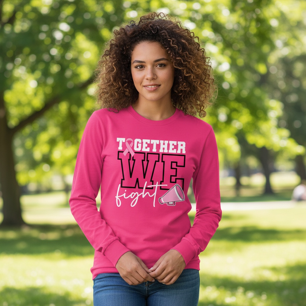 Breast cancer awareness cheer shirt design featuring the phrase "Together We Fight" with a pink ribbon and megaphone graphic for Pink Out events.