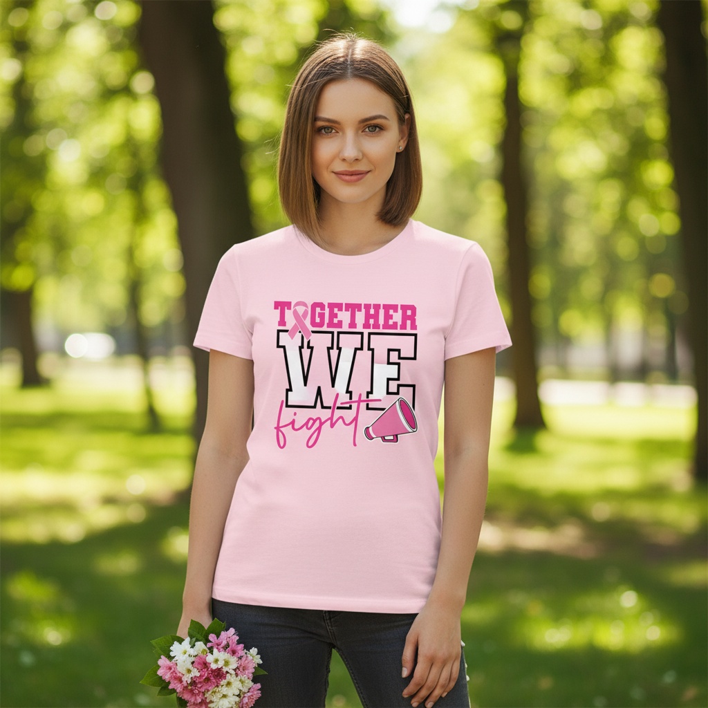 Breast cancer awareness cheer shirt design featuring the phrase "Together We Fight" with a pink ribbon and megaphone graphic for Pink Out events.