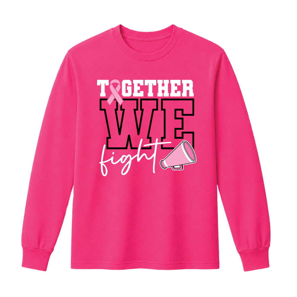 Breast cancer awareness cheer shirt design featuring the phrase "Together We Fight" with a pink ribbon and megaphone graphic for Pink Out events.
