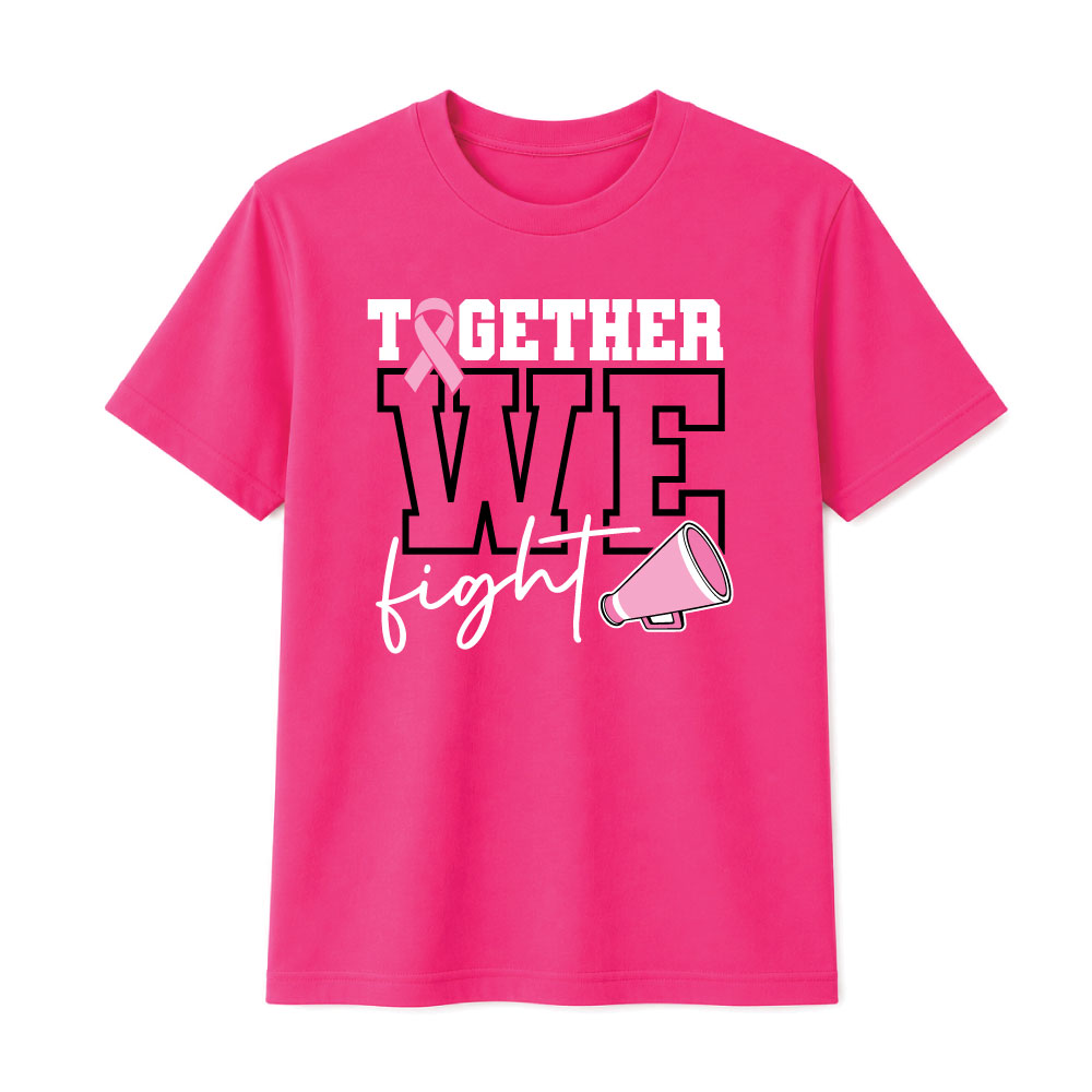 Breast cancer awareness cheer shirt design featuring the phrase "Together We Fight" with a pink ribbon and megaphone graphic for Pink Out events.