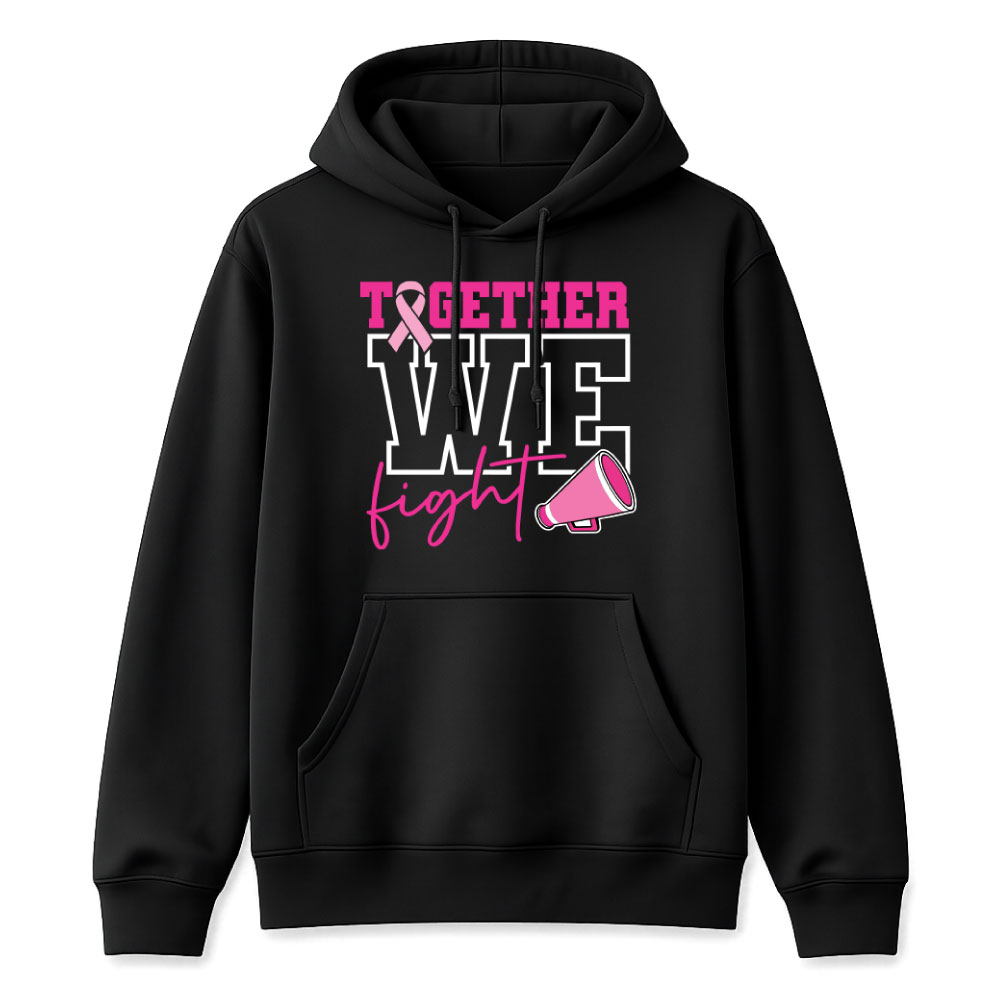 Breast cancer awareness cheer shirt design featuring the phrase "Together We Fight" with a pink ribbon and megaphone graphic for Pink Out events.