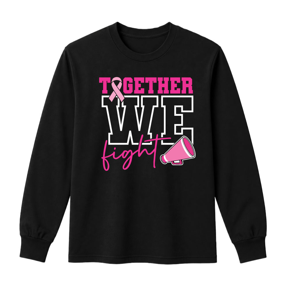 Breast cancer awareness cheer shirt design featuring the phrase "Together We Fight" with a pink ribbon and megaphone graphic for Pink Out events.