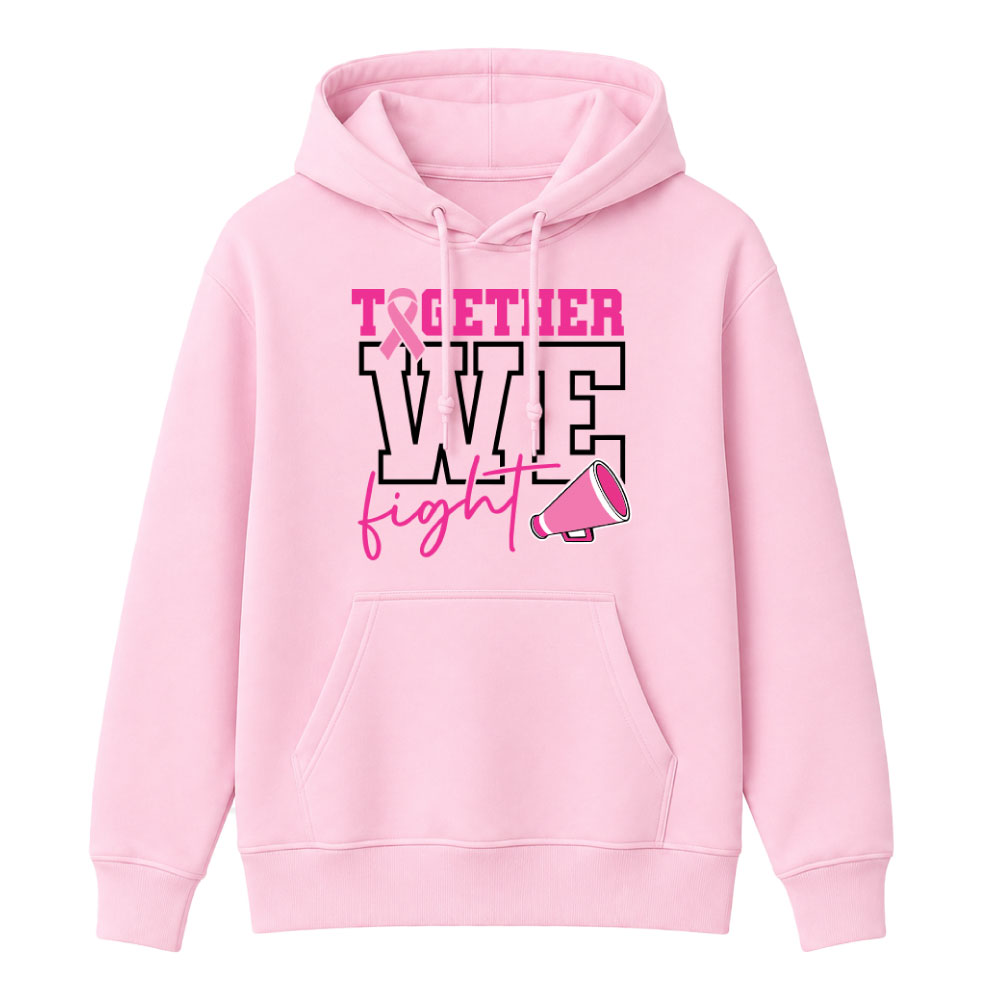 Breast cancer awareness cheer shirt design featuring the phrase "Together We Fight" with a pink ribbon and megaphone graphic for Pink Out events.