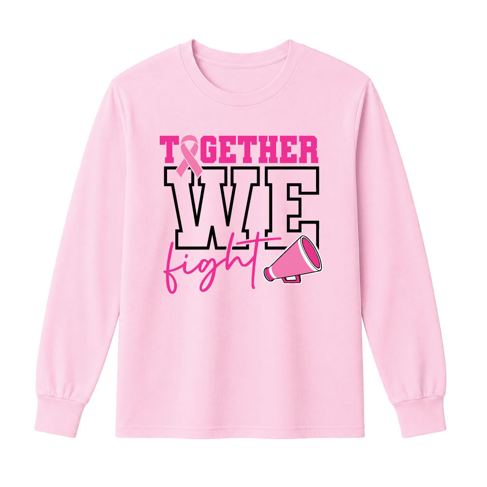 Breast cancer awareness cheer shirt design featuring the phrase "Together We Fight" with a pink ribbon and megaphone graphic for Pink Out events.