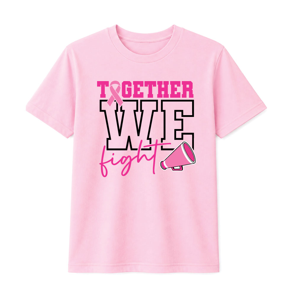 Breast cancer awareness cheer shirt design featuring the phrase "Together We Fight" with a pink ribbon and megaphone graphic for Pink Out events.