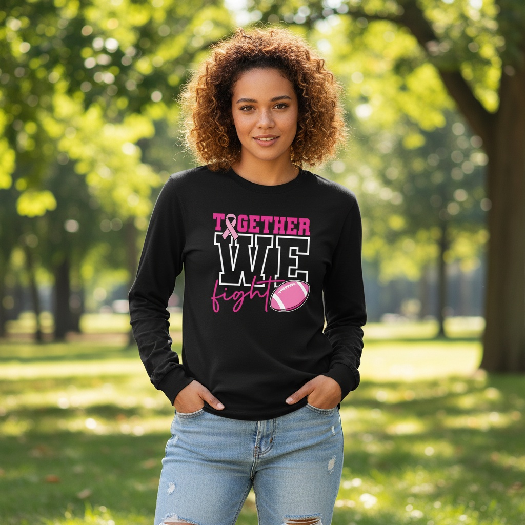 Breast cancer awareness football shirt design featuring the phrase "Together We Fight" with a pink ribbon and football graphic for Pink Out events.