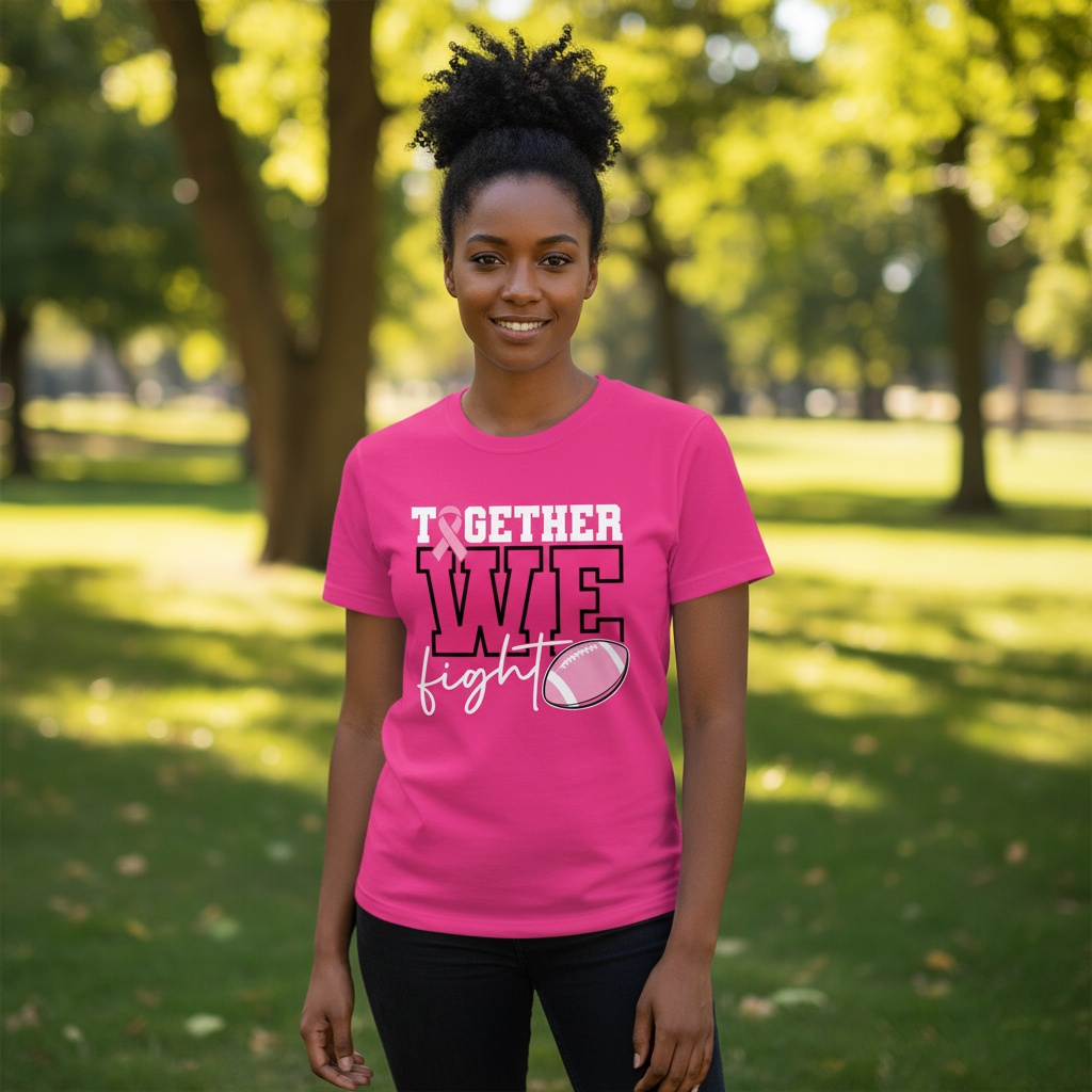 Breast cancer awareness football shirt design featuring the phrase "Together We Fight" with a pink ribbon and football graphic for Pink Out events.