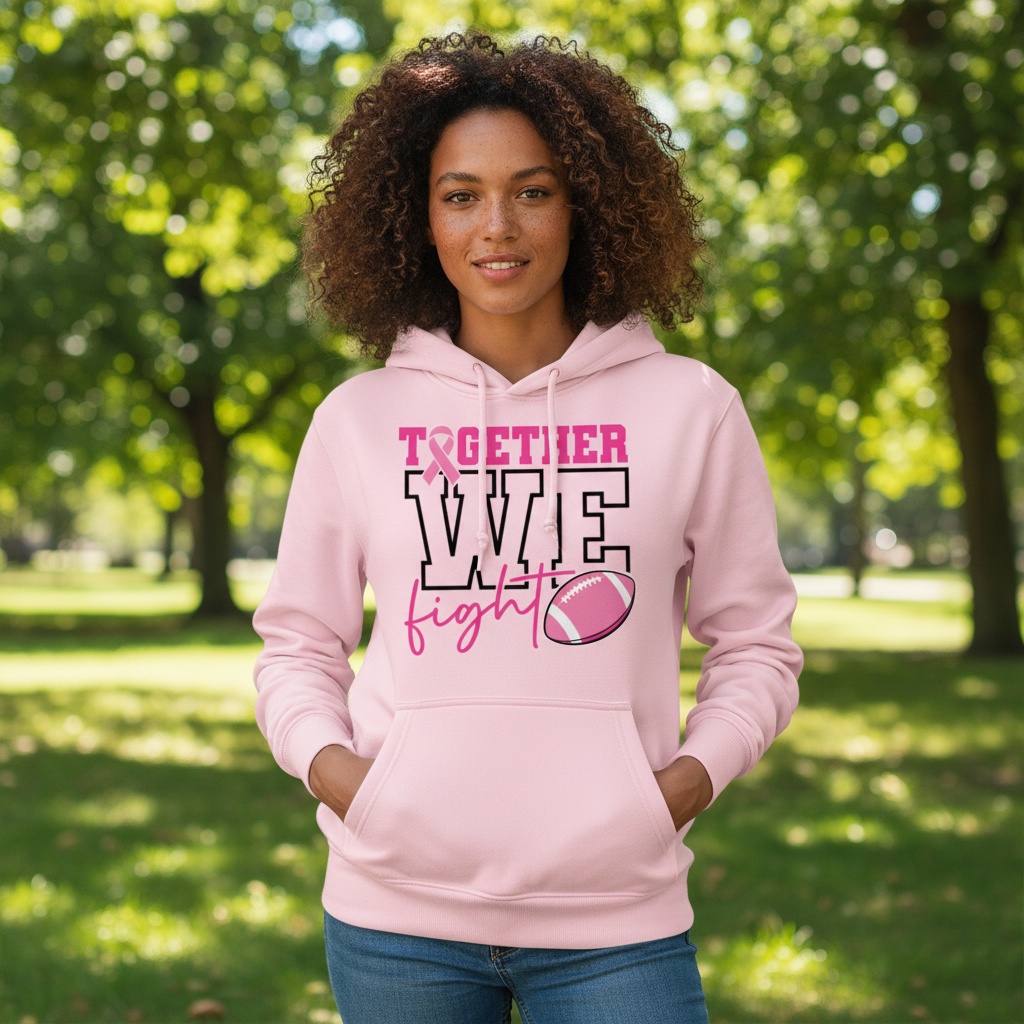 Breast cancer awareness football shirt design featuring the phrase "Together We Fight" with a pink ribbon and football graphic for Pink Out events.