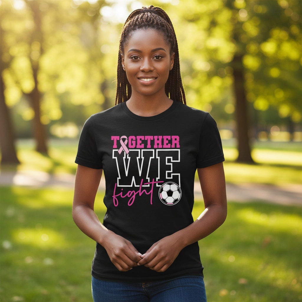 Breast cancer awareness soccer shirt design featuring the phrase "Together We Fight" with a pink ribbon and soccer ball graphic for Pink Out events.