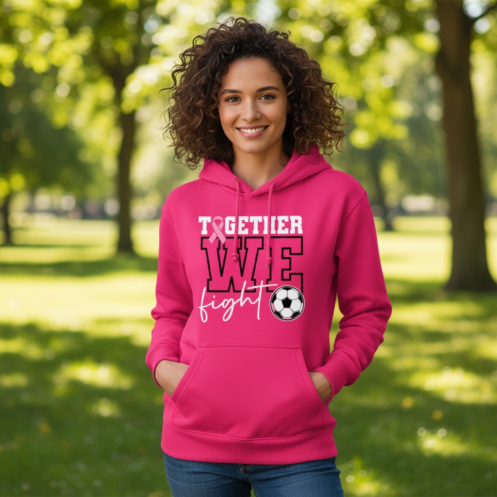 Breast cancer awareness soccer shirt design featuring the phrase "Together We Fight" with a pink ribbon and soccer ball graphic for Pink Out events.