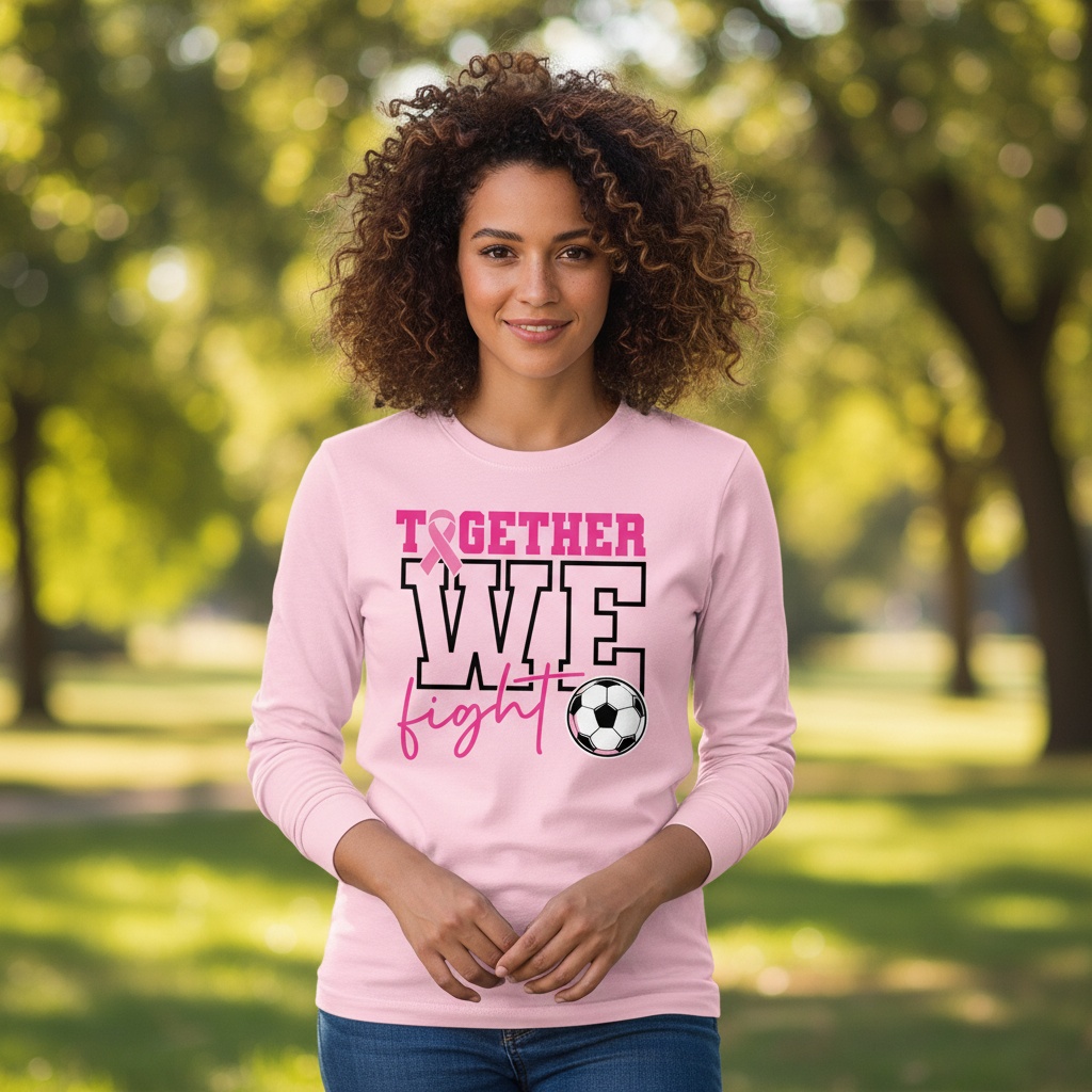 Breast cancer awareness soccer shirt design featuring the phrase "Together We Fight" with a pink ribbon and soccer ball graphic for Pink Out events.