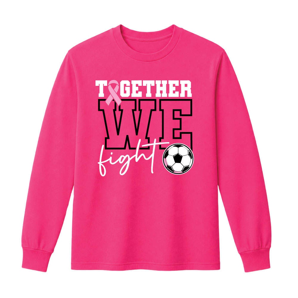 Breast cancer awareness soccer shirt design featuring the phrase "Together We Fight" with a pink ribbon and soccer ball graphic for Pink Out events.