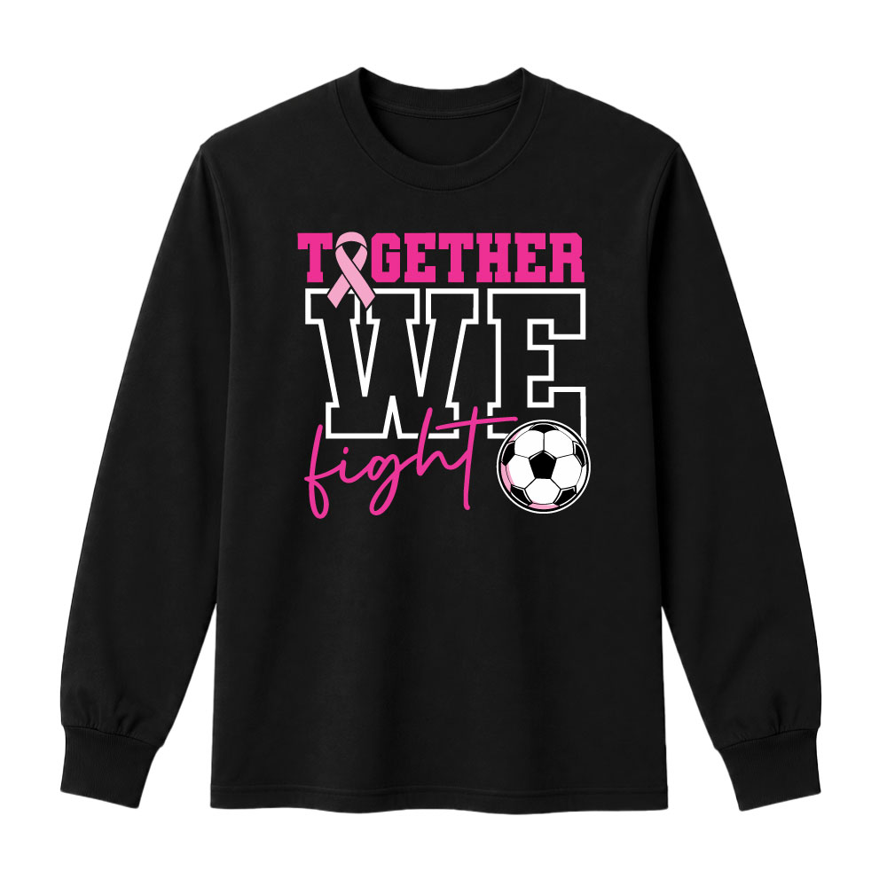 Breast cancer awareness soccer shirt design featuring the phrase "Together We Fight" with a pink ribbon and soccer ball graphic for Pink Out events.