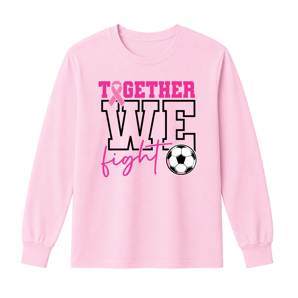 Breast cancer awareness soccer shirt design featuring the phrase "Together We Fight" with a pink ribbon and soccer ball graphic for Pink Out events.