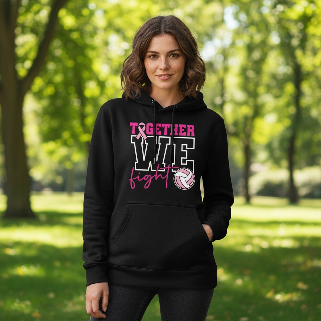 Breast cancer awareness volleyball shirt design featuring the phrase "Together We Fight" with a pink ribbon and volleyball graphic for Pink Out events.