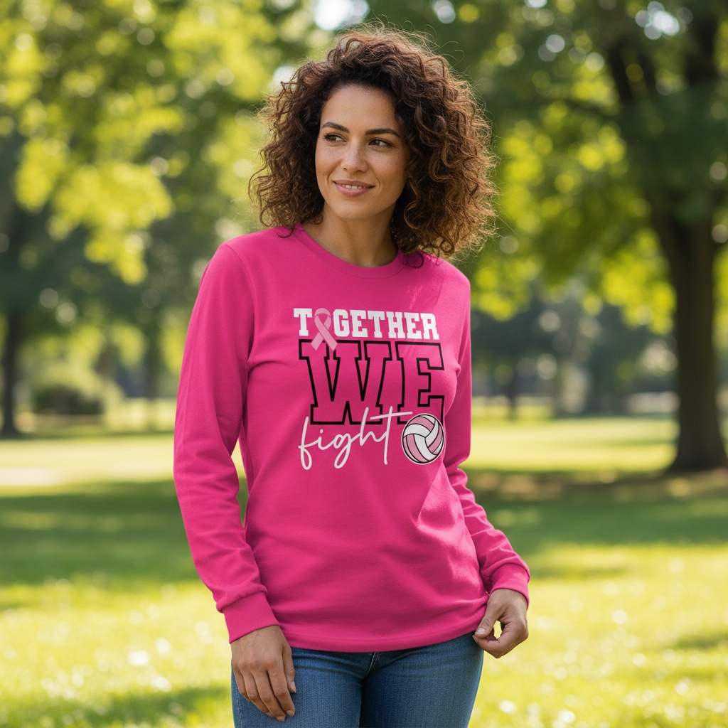 Breast cancer awareness volleyball shirt design featuring the phrase "Together We Fight" with a pink ribbon and volleyball graphic for Pink Out events.
