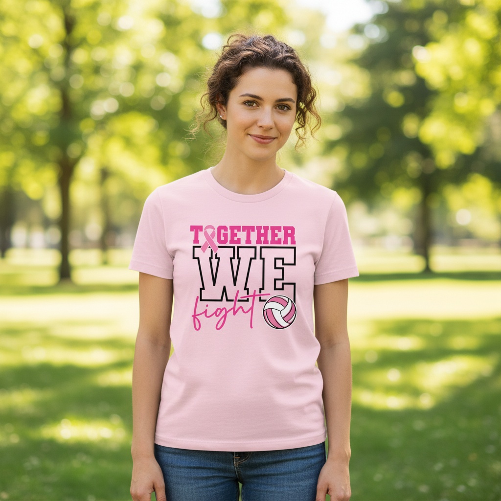 Breast cancer awareness volleyball shirt design featuring the phrase "Together We Fight" with a pink ribbon and volleyball graphic for Pink Out events.