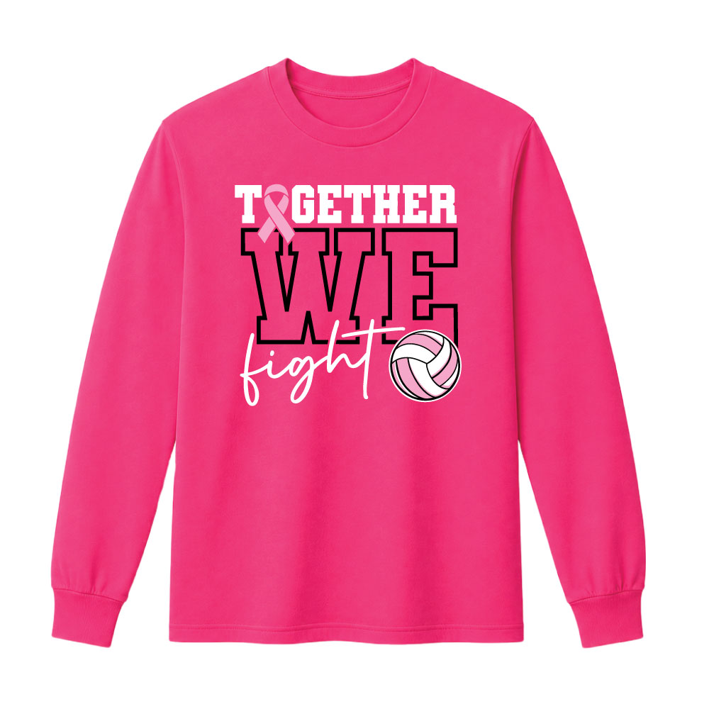 Breast cancer awareness volleyball shirt design featuring the phrase "Together We Fight" with a pink ribbon and volleyball graphic for Pink Out events.