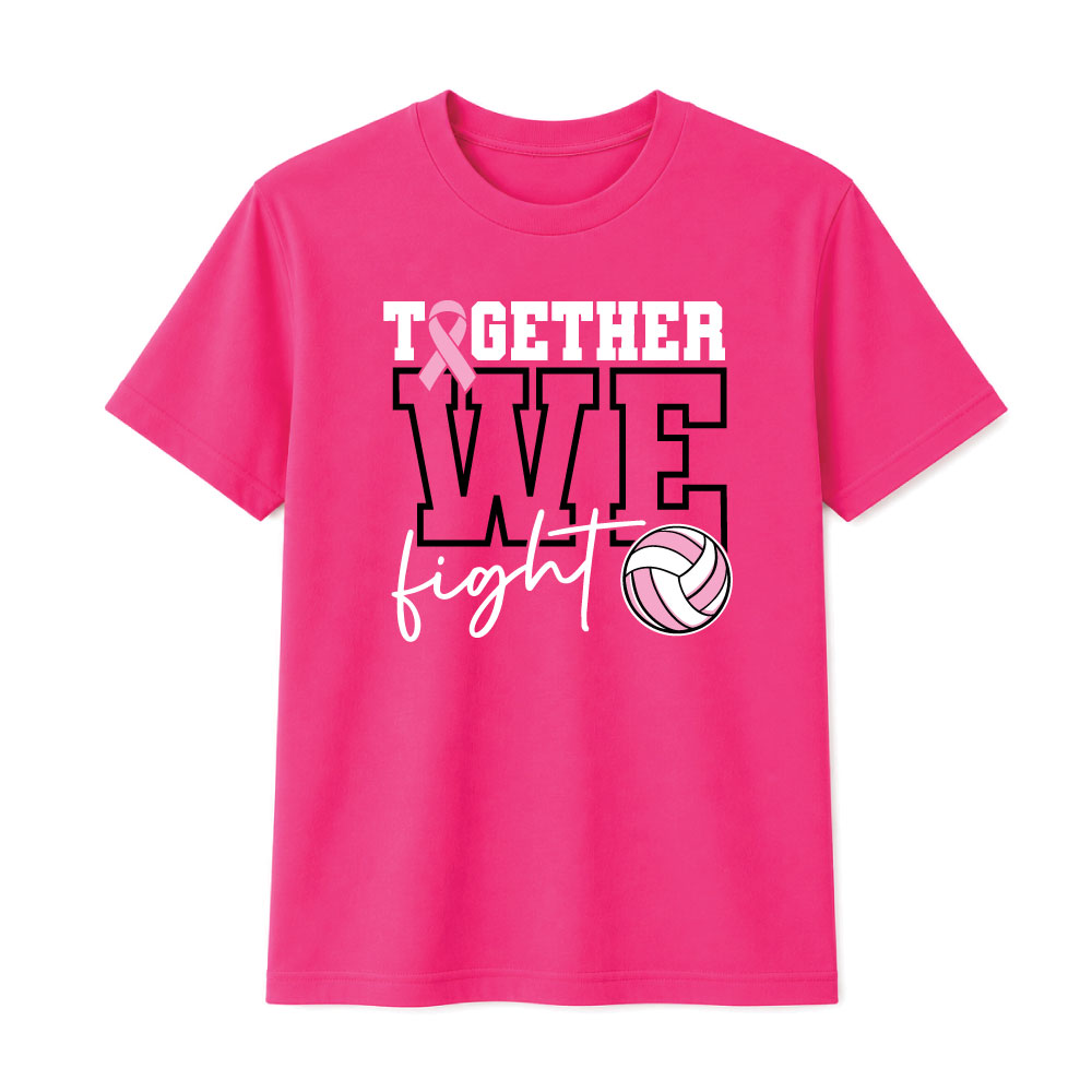 Breast cancer awareness volleyball shirt design featuring the phrase "Together We Fight" with a pink ribbon and volleyball graphic for Pink Out events.