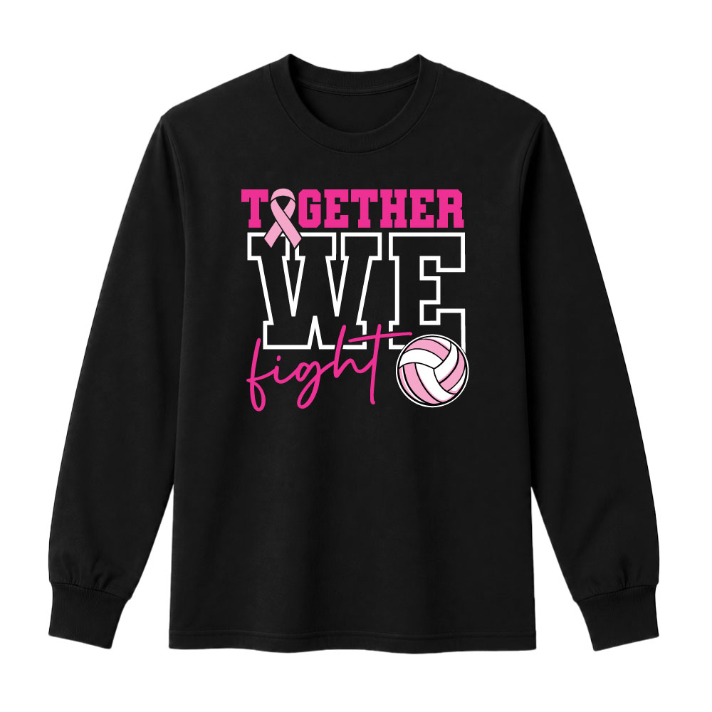 Breast cancer awareness volleyball shirt design featuring the phrase "Together We Fight" with a pink ribbon and volleyball graphic for Pink Out events.