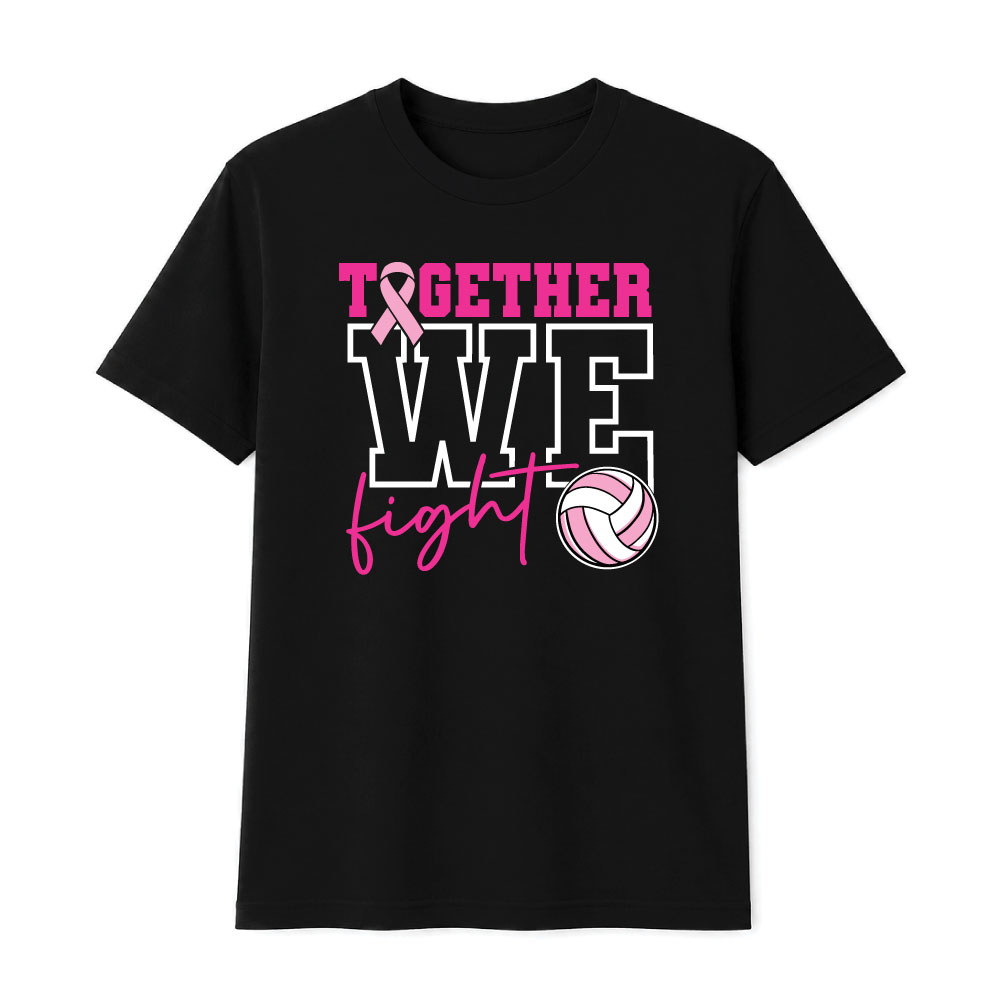 Breast cancer awareness volleyball shirt design featuring the phrase "Together We Fight" with a pink ribbon and volleyball graphic for Pink Out events.