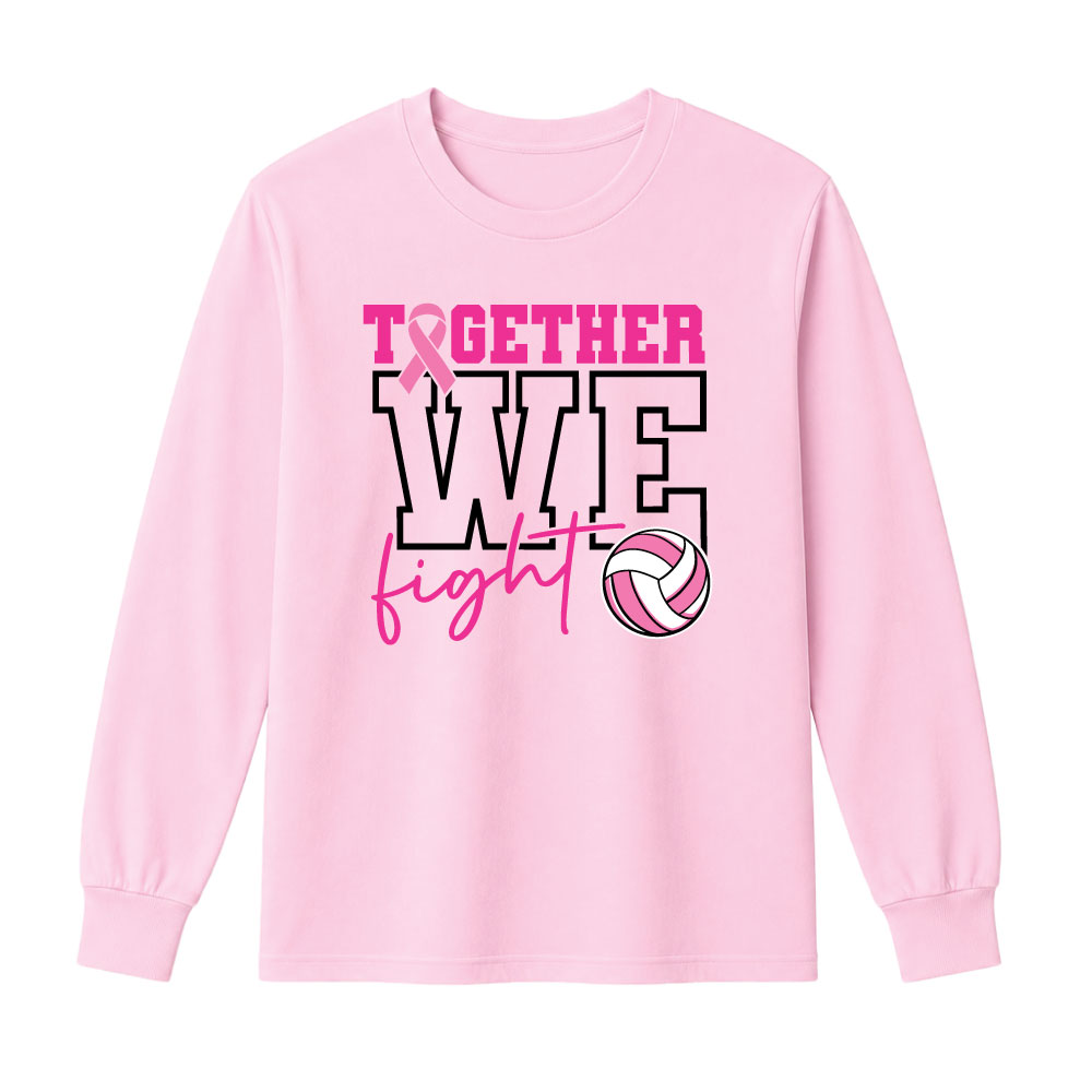Breast cancer awareness volleyball shirt design featuring the phrase "Together We Fight" with a pink ribbon and volleyball graphic for Pink Out events.