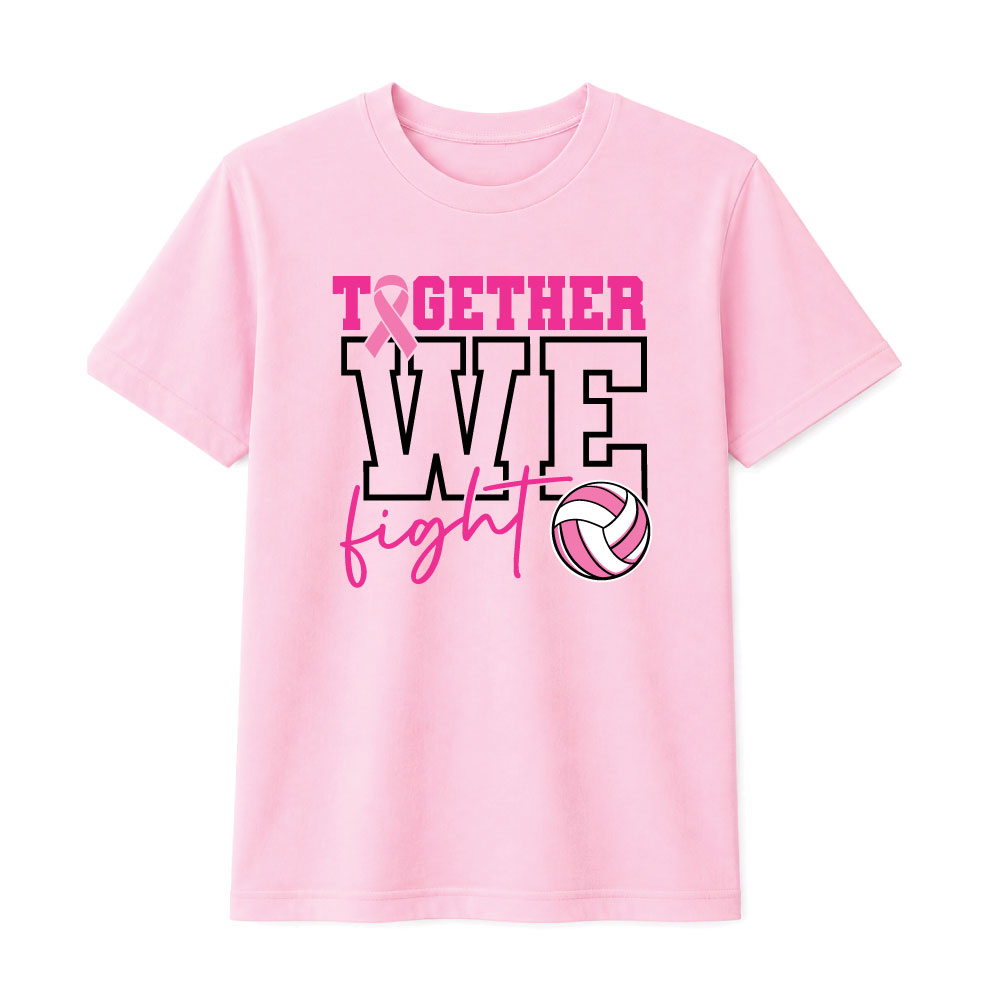 Breast cancer awareness volleyball shirt design featuring the phrase "Together We Fight" with a pink ribbon and volleyball graphic for Pink Out events.