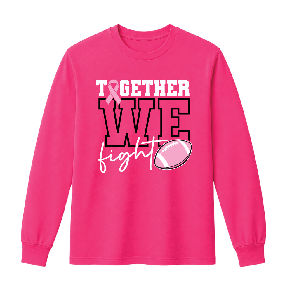 Breast cancer awareness football shirt design featuring the phrase "Together We Fight" with a pink ribbon and football graphic for Pink Out events.