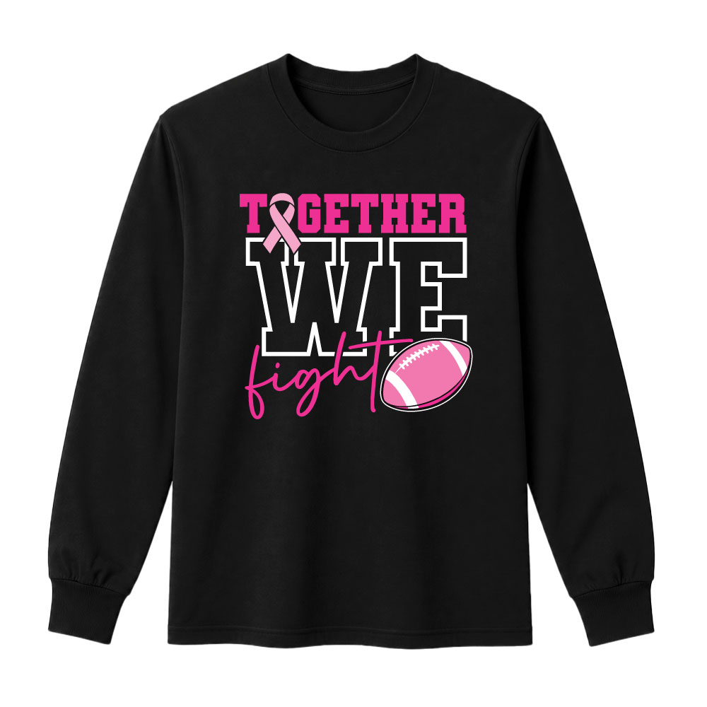 Breast cancer awareness football shirt design featuring the phrase "Together We Fight" with a pink ribbon and football graphic for Pink Out events.