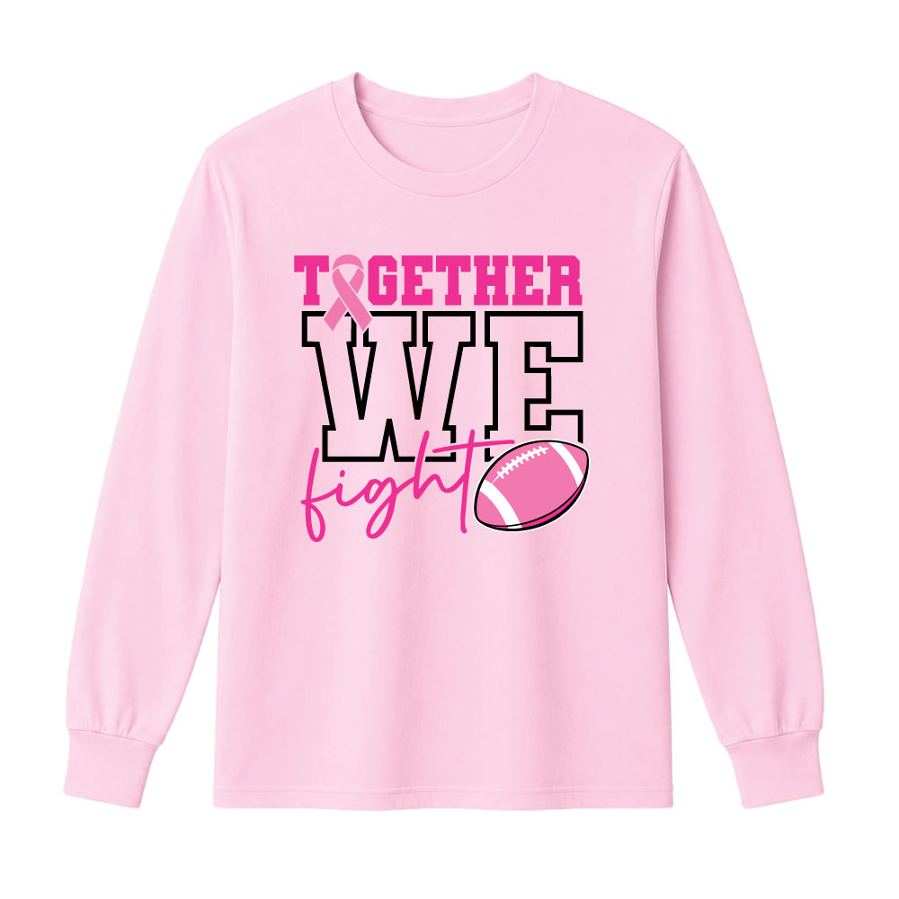 Breast cancer awareness football shirt design featuring the phrase "Together We Fight" with a pink ribbon and football graphic for Pink Out events.