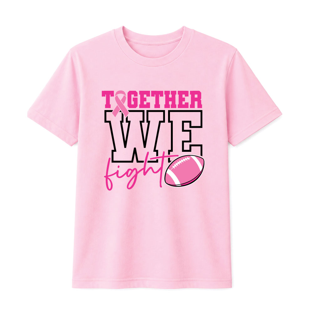Breast cancer awareness football shirt design featuring the phrase "Together We Fight" with a pink ribbon and football graphic for Pink Out events.