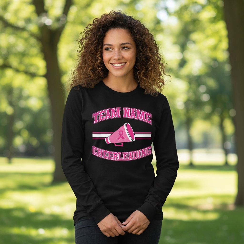 Pink cheerleading breast cancer awareness design featuring a cheer megaphone with a pink ribbon, customizable team name, and varsity-style "Cheerleading" text.