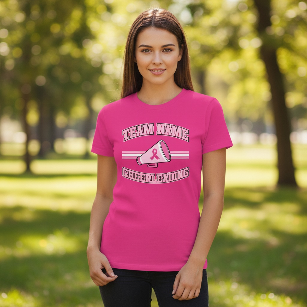 Pink cheerleading breast cancer awareness design featuring a cheer megaphone with a pink ribbon, customizable team name, and varsity-style "Cheerleading" text.