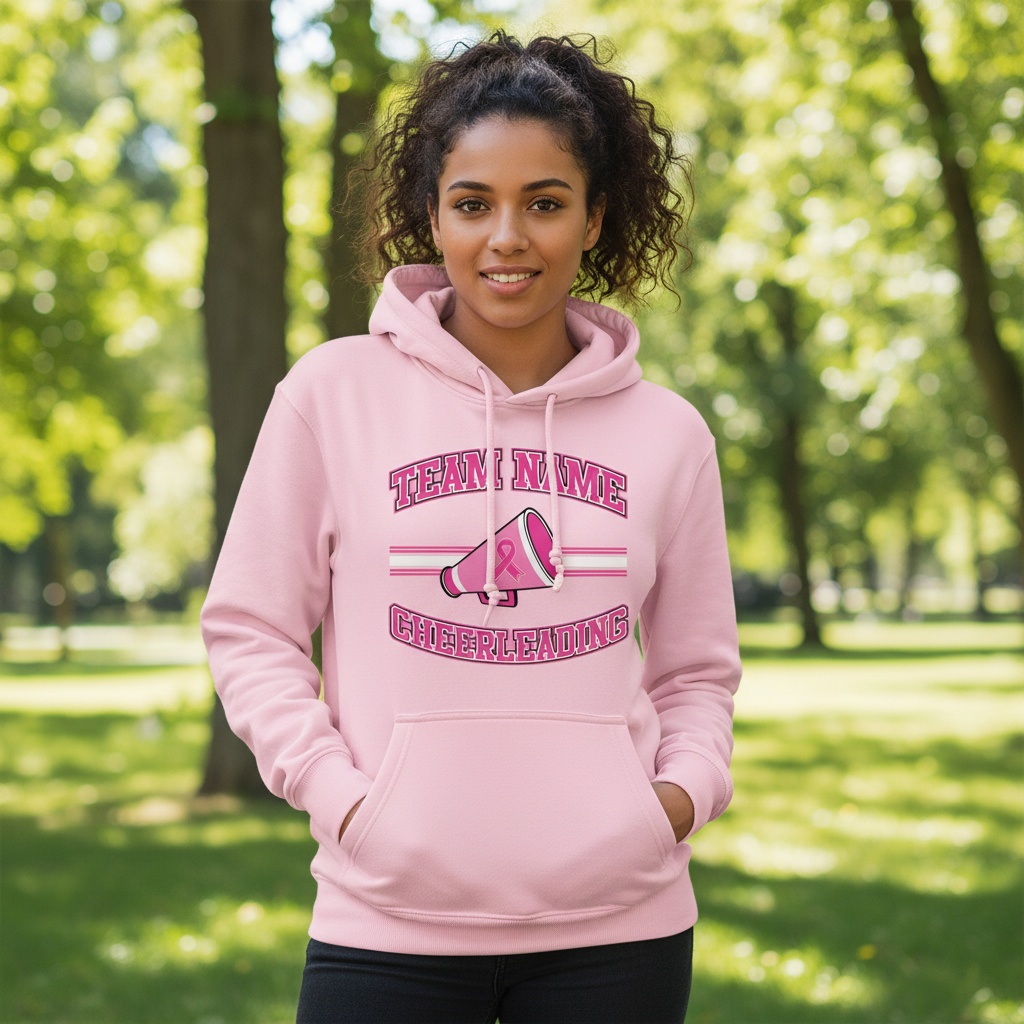 Pink cheerleading breast cancer awareness design featuring a cheer megaphone with a pink ribbon, customizable team name, and varsity-style "Cheerleading" text.