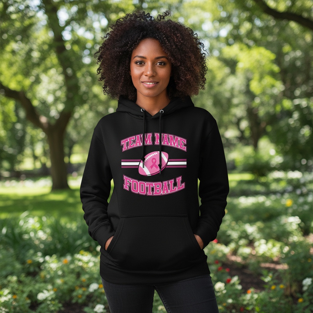 Pink football breast cancer awareness design featuring a football with a pink ribbon, customizable team name, and varsity-style "Football" text.